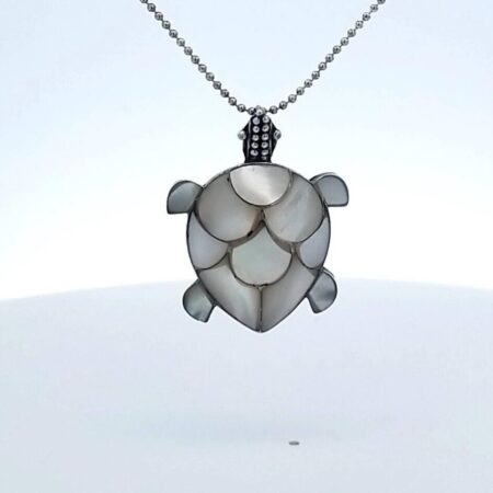 .925 Silver and M.O.P. Turtle Pendant on 23.5" w/ Bead Necklace 5.1g