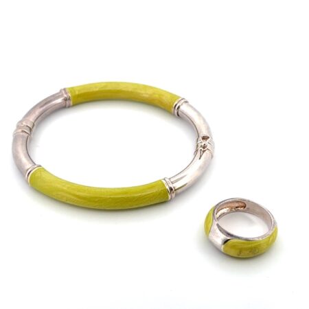 Milor Italy 925 Sterling Silver Lime Green Enamel Hinged Bangle Bracelet & Ring