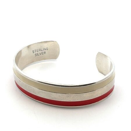 Vintage 925 Sterling Silver Red & Beige Enamel Cuff Bracelet 34.9g