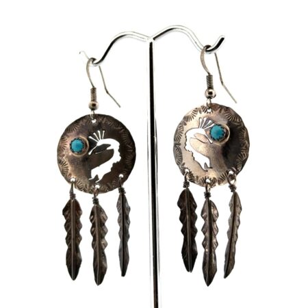 925 Sterling Silver Kokopelli Turquoise Feather Dangle Earrings 4.8g
