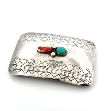 Navajo 925 Sterling Silver Turquoise & Coral 1.5” Belt Buckle 21.5g