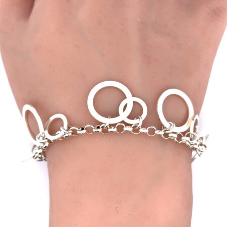 6.5” 925 Sterling Silver Rolo Chain Dangling Hoop Bracelet, 13.1g, Fits 7” Wrist