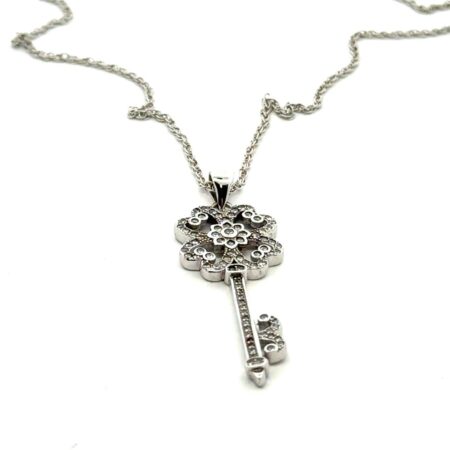 18” .925 Sterling Silver CZ Key Pendant Necklace, Signed “Brumar .925”, 5.6g