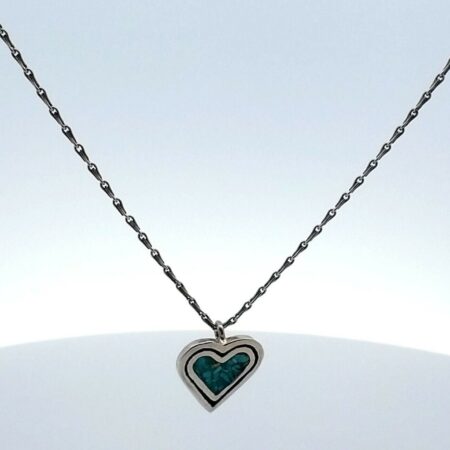 Vintage Sterling Silver Crushed Turquoise Inlay Heart Pendant 16" Necklace 4.7 G
