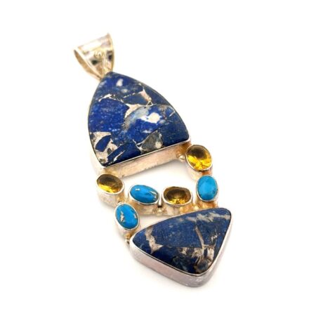 925 Sterling Silver Lapis Lazuli, Turquoise, & Citrine Pendant 26g