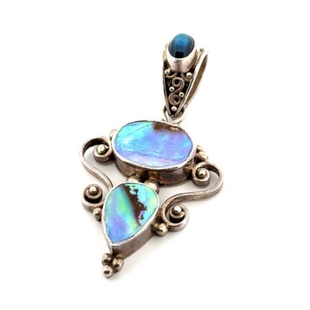 925 Sterling Silver Scrollwork London Blue Topaz & Abalone Pendant 11.6g