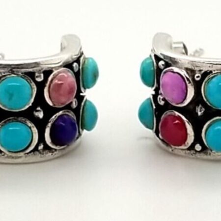 925 Sterling Silver Turquoise And Multi Color Gemstone Earrings 8.5 Grams