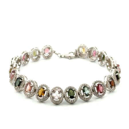 7”-9” Multi-Color Tourmarline & CZ 925 Sterling Silver Tennis Bracelet 14g
