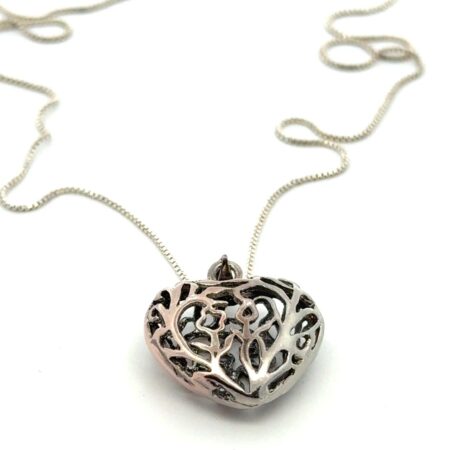 18” .925 Sterling Silver Filigree Puffy Heart Pendant, 6.2g