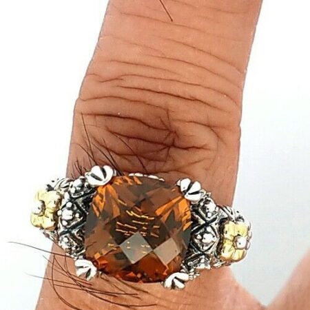 Barbara Bixby Sterling & 18K Gold Accent Olive Quartz Cushion Cut Ring Size-9