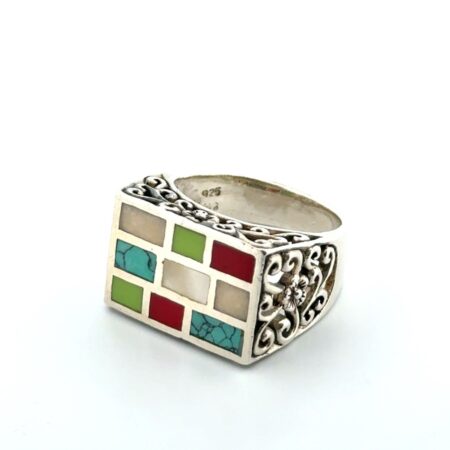 Size: 8 Inlaid Multi-Stone 925 Sterling Silver Filigree Ring 8.2g