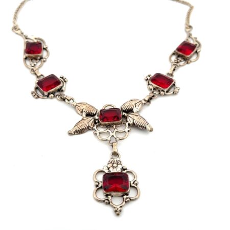 20” Art Deco-Style Red Glass 925 Sterling Silver Necklace 32g