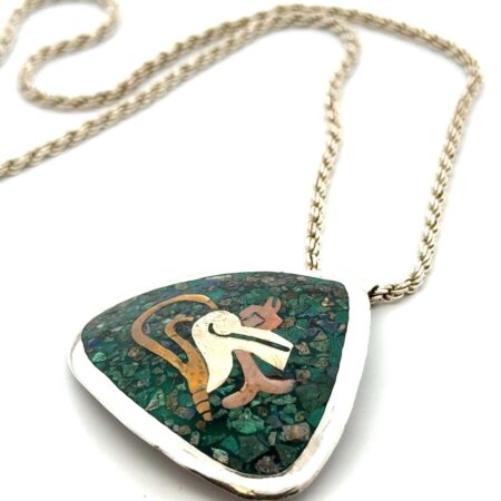 20” Vtg. Taxco 925 Sterling Silver Crushed Turquoise Pendant/Pin Necklace, 18.7g