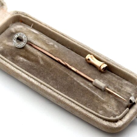 Antique 18k White Gold 12 Diamond Open Circle, 10k Rose Gold Stick Pin 1.2g