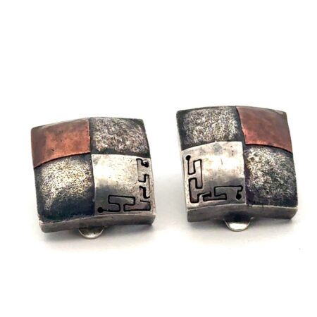Vintage Mexican 925 Sterling Silver & Copper Geometric Clip-On Earrings, 15.8g