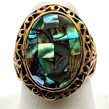 Vtg Designer BADAVICI 925 Mosaic Abalone Shell Sterling Silver Gold Vermeil Ring