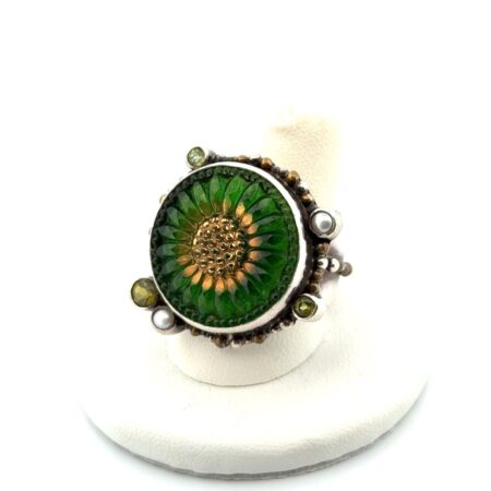 Size: 10 Gilded Green Czech Glass Sunflower 925 Sterling Silver Ring 18.4g