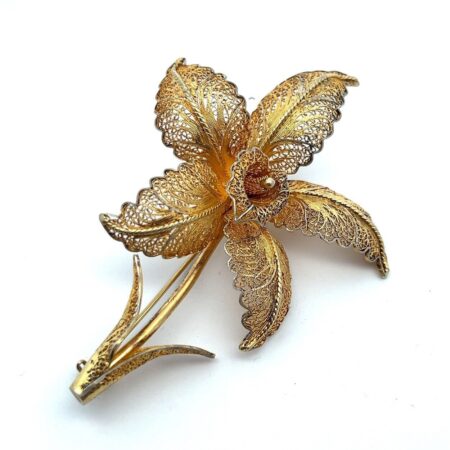 Gold Gilded 925 Sterling Silver Orchid 3” Long Brooch/Pin 12.9g