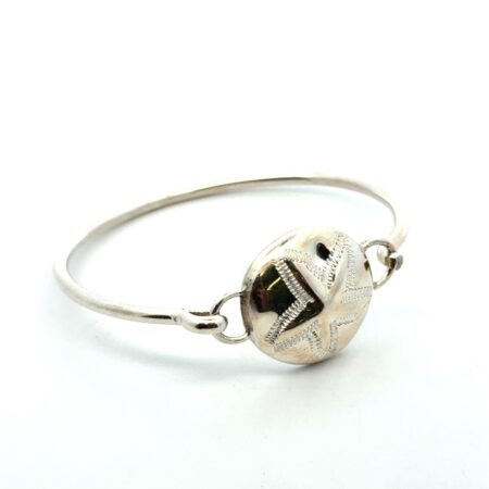 Taxco .925 Sterling Silver Sand Dollar Hooked Bangle Bracelet, 4.2g, 6” Wrist