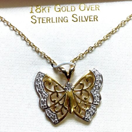 18K Gold over 925 Sterling Silver Diamond Accent Butterfly JCM 18” Necklace NEW