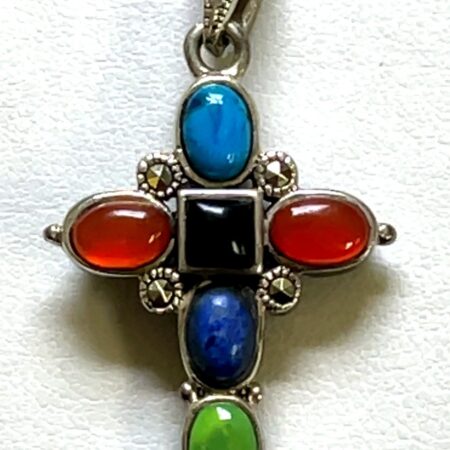 Sterling Silver Multi Stone Vintage Reversible Onyx & Marcasite Cross Pendant