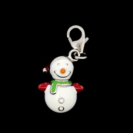 .925 Sterling Silver Small Christmas Enamel Snowman Charm, Lobster Clasp, 2.54g