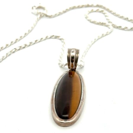 18” .925 Sterling Silver Oblong Natural Tiger’s Eye Pendant, Rope Chain, 22.0g