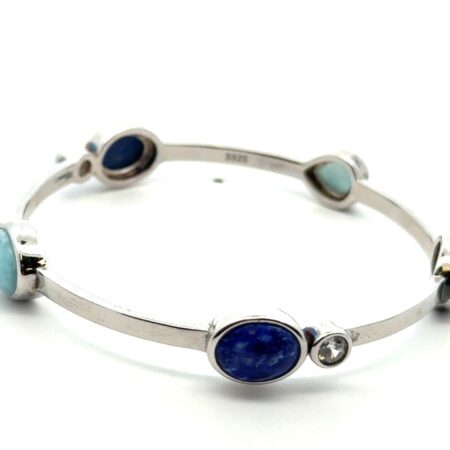 Vintage 925 Sterling Silver Lapis, Larimar, 2 CZ Bangle Bracelet, Size 6.75, 16g