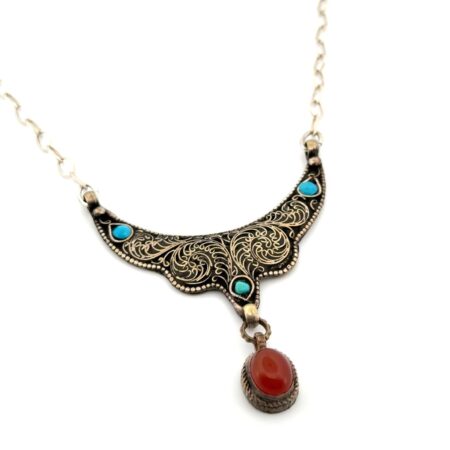 20” 925 Sterling Silver Turquoise & Carnelian Tibetan Filigree Pendant Necklace