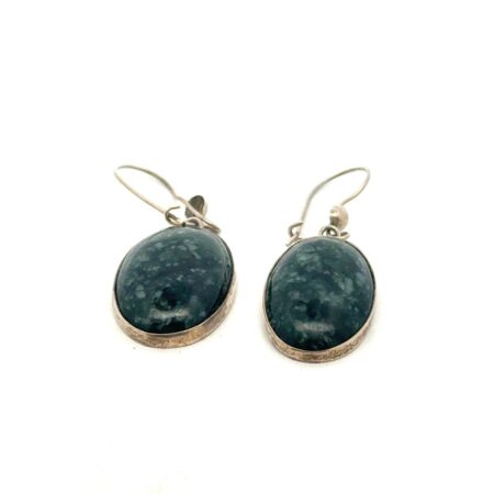 .925 Sterling Silver Dark Green Jade Dangle Earrings, 7.7g
