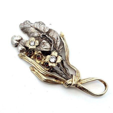 Vintage 925 Sterling Silver CZ & Red Cabochon Flower Brooch Pin Two-Tone 28.4g