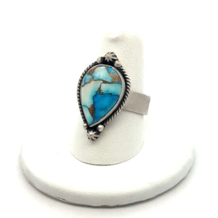 925 Sterling Silver Kinsman Blue + White Dahlia Turquoise Adj. Ring S-9.5+, 8.6g