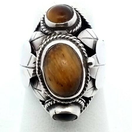 Vintage Mexico Sterling Silver Poison Pill Box Ring with Tiger's Eye Stones