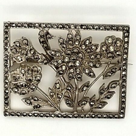 925 Sterling Silver Antique Marcasite Picture Frame Flower Brooch/Pin 10.3grams