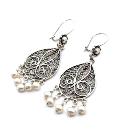 DGS Turkey 925 Sterling Silver Filigree & Pearl Dangle Earrings, 9.3g