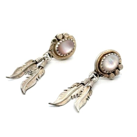 Vintage Southwestern 925 Sterling Silver Mother Of Pearl Feather Earrings, 4.1g