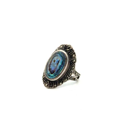 .925 Sterling Silver Art Deco Abalone & Marcasite Ring Size-6, 4.6g