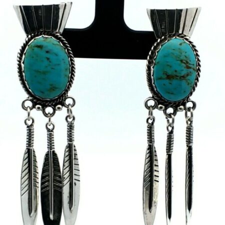 Large Navajo Oval Turquoise Sterling Silver Feather Earrings 15.6 Grams
