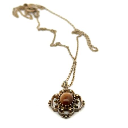 18” Vintage .925 Sterling Silver Gold Vermeil Tiger’s Eye Pendant Necklace, 2.8g