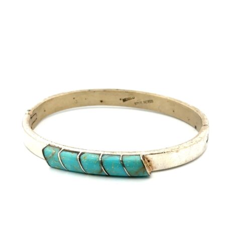 7” Mexico 925 Sterling Silver Turquoise Hinged Lock Bangle Bracelet 31.3g