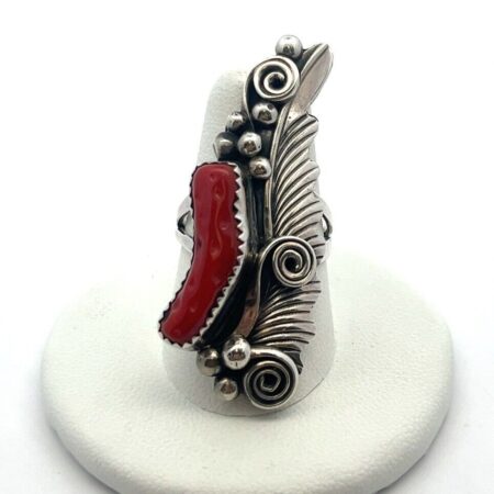 Native American D. Gordon 925 Sterling Silver Red Coral Feather Ring Size: 7.75