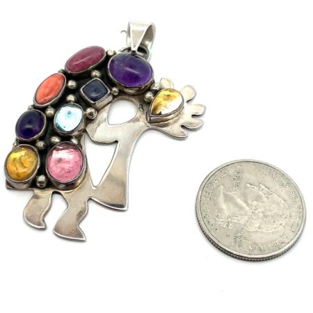 Kokopelli .925 Sterling Silver Multi Gemstone, Bezel Set Pendant 20.8g