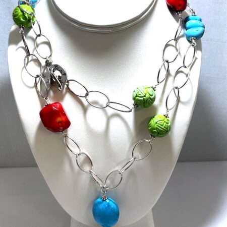 Eliza B’s Handmade Sterling Silver 40” Necklace with Turquoise & Jasper 138.5 Gr
