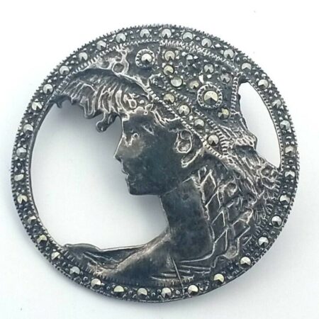 925 Sterling Silver & Marcasite Art Nouveau Lady Pin/Brooch 12.6 Grams