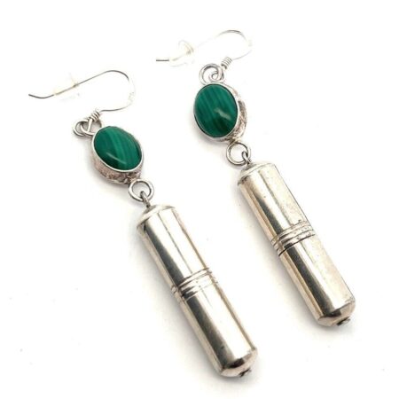 Vintage 925 Sterling Silver Oval Malachite Dangle Drop Earrings 6.3g