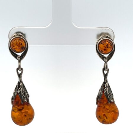 Natural Amber Earrings Set in Oxidized Sterling Silver Teardrop Dangle 4.4 Grams
