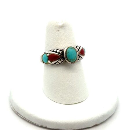 .925 Sterling Silver Turquoise Carnelian Ring - Navajo, S-6.5, 4.8g