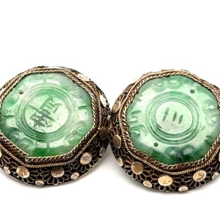 Antique Qing Dynasty .925 Sterling Silver Jade Earrings, 13.9g