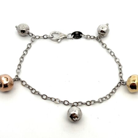 7.5” 925 Sterling Silver Charm Bracelet & Gold Vermeil Hammered Ball Charms 8.6g