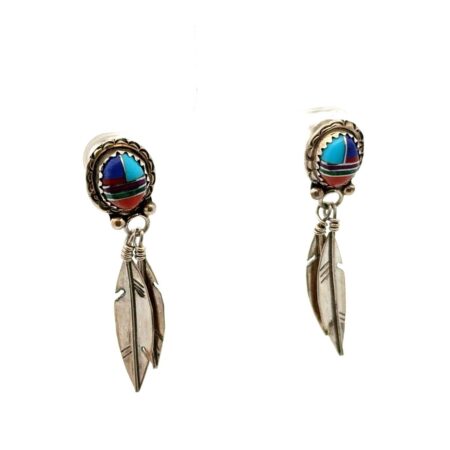 Vintage .925 Sterling Silver Navajo Feather Dangle Multi-Stone Earrings, 4.6g